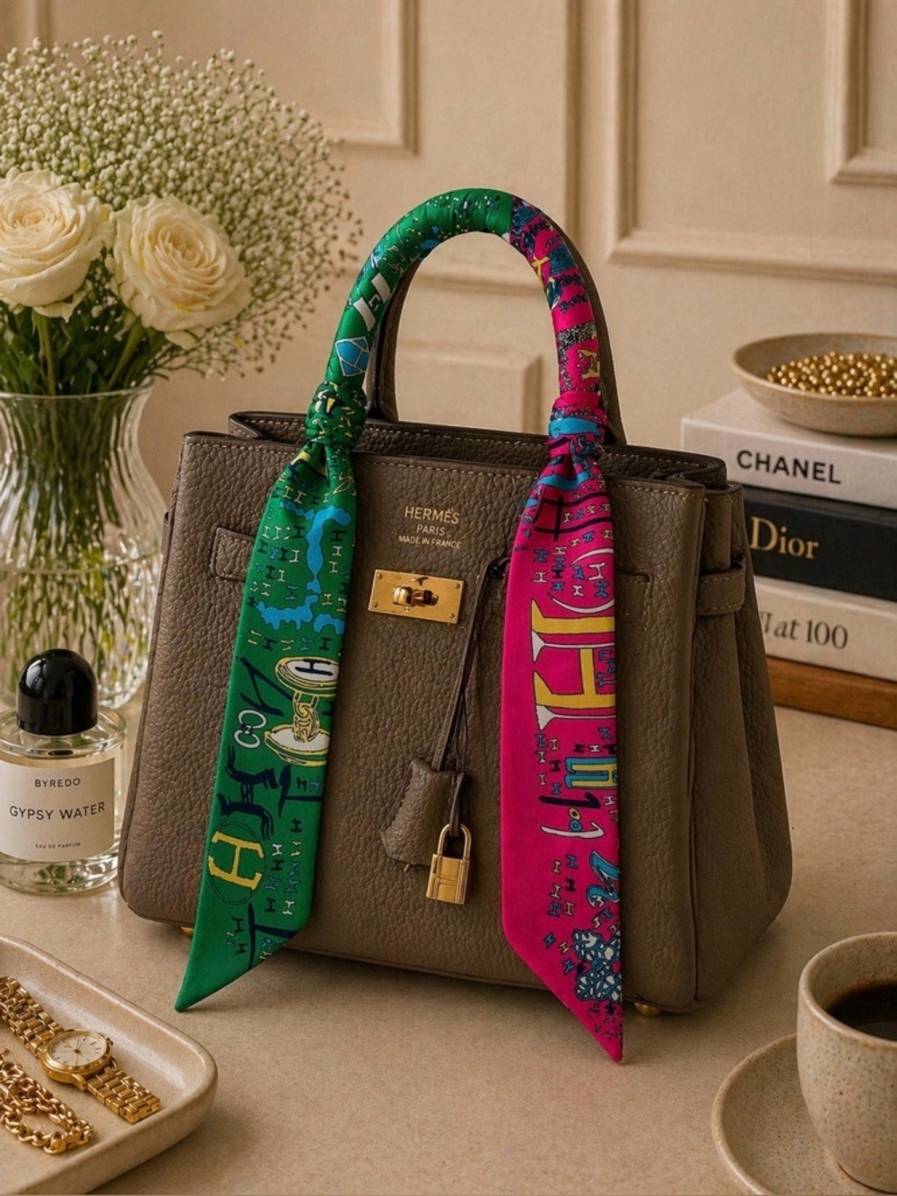 GREEN PINK ABSTRACT STORY PRINT SKINNY SCARF HANDBAG HANDLE HAIR RIBBON NECK TIE